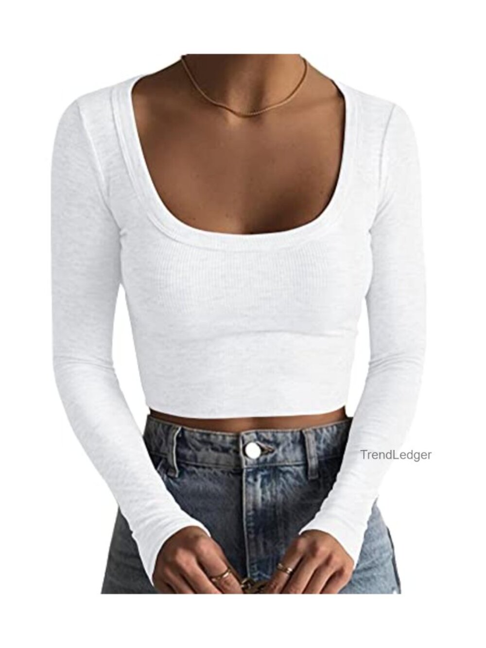 Ribbed Knit Long Sleeve Square Neck Slim Fit Crop Top Casual Basic